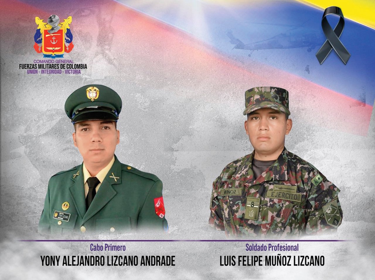 El cabo primero Yony Alejandro Andrade Lizcano y el soldado profesional Luis Felipe Muñoz Lizcano fueron los fallecidos en el ataque con explosivos.