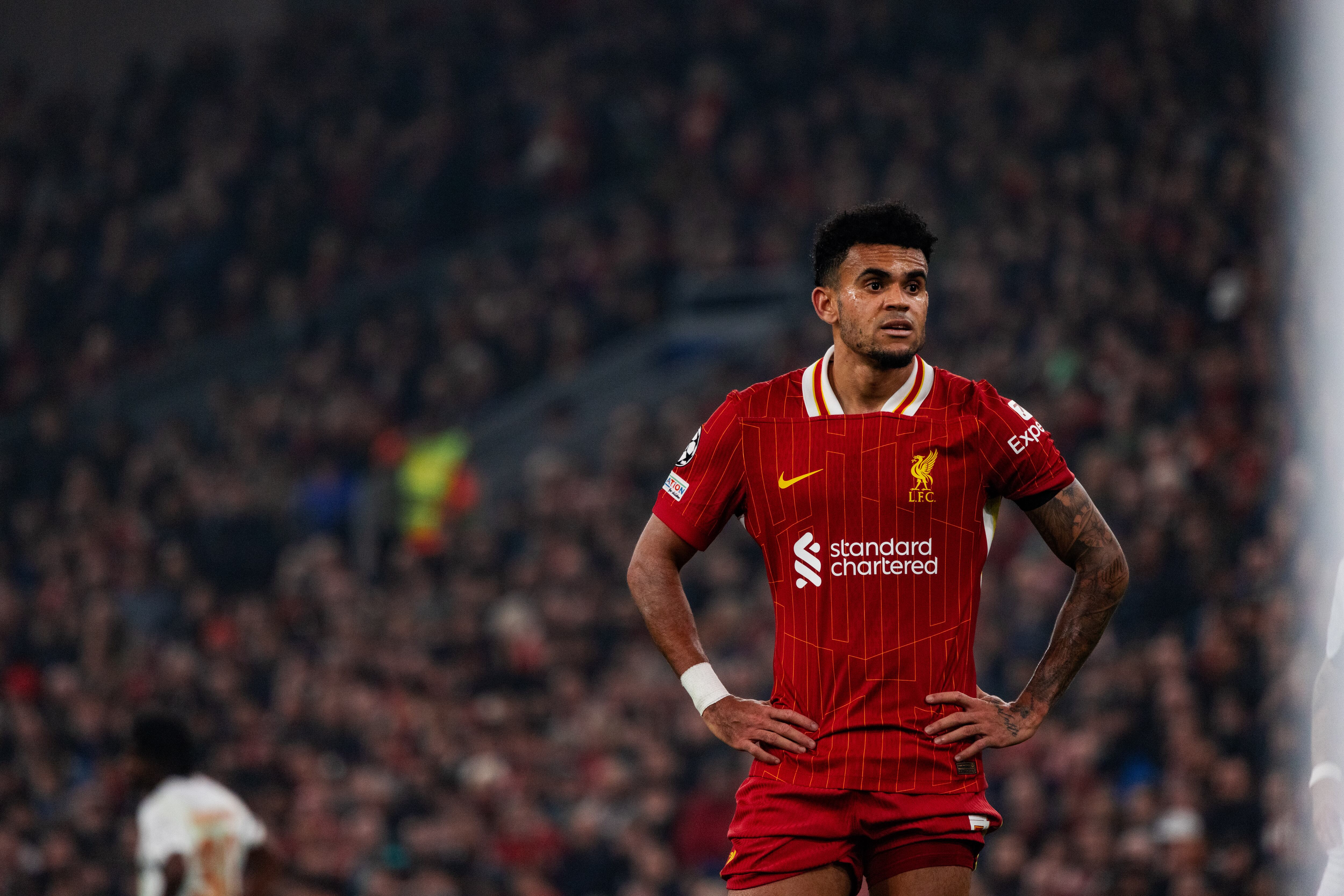 LIVERPOOL, ENGLAND - NOVEMBER 05: (THE SUN OUT, THE SUN ON SUNDAY OUT) Luis Díaz of Liverpool during the UEFA Champions League 2024/25 League Phase MD4 match between Liverpool FC and Bayer 04 Leverkusen at Anfield on November 05, 2024 in Liverpool, England. (Photo by Nikki Dyer - LFC/Liverpool FC via Getty Images)