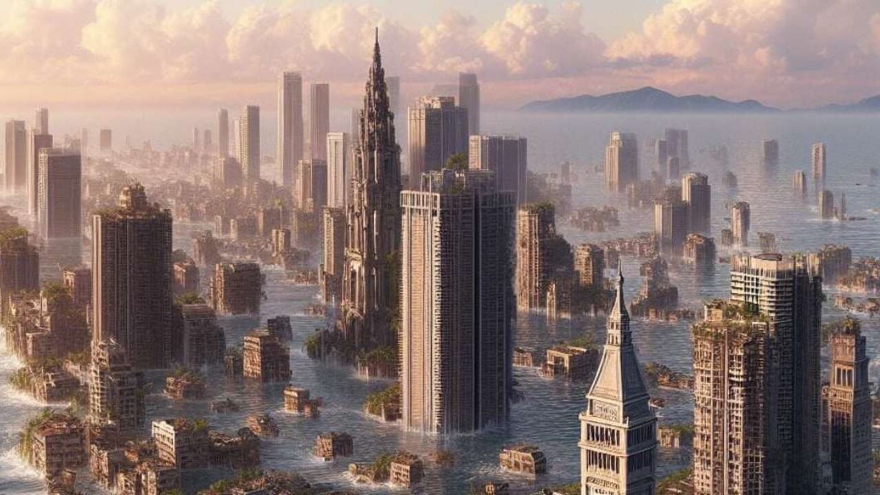 Ilustración generada con IA de ciudades costeras hundidas bajo el agua.