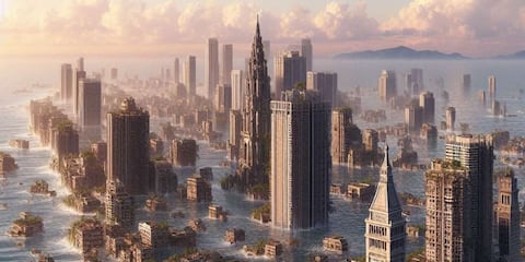 Ilustración generada con IA de ciudades costeras hundidas bajo el agua.