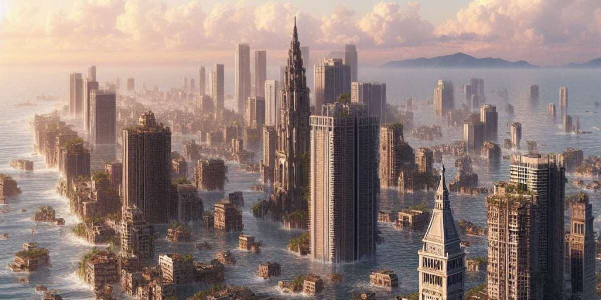 Ilustración generada con IA de ciudades costeras hundidas bajo el agua.