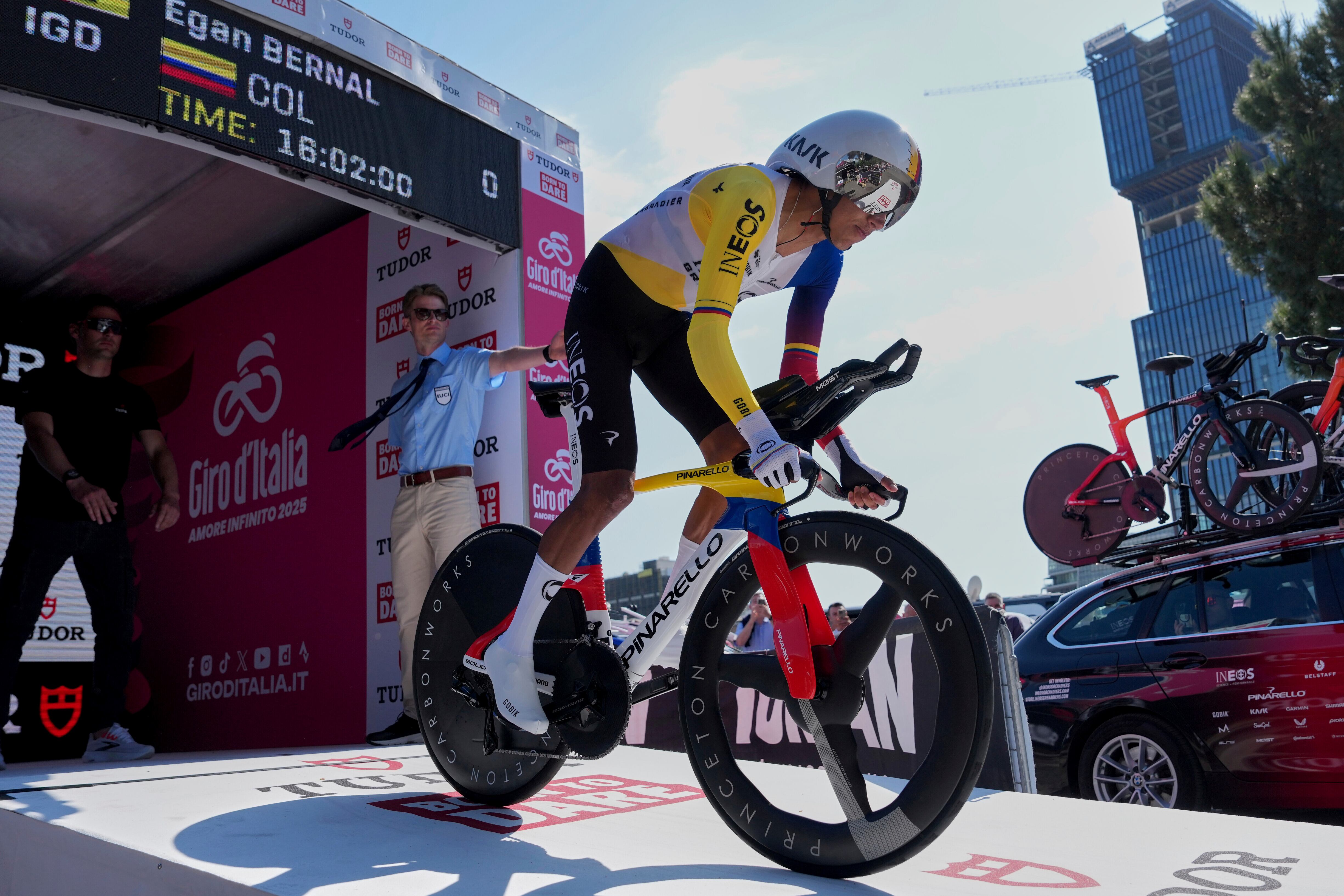 Colombia's Egan Bernal at the start of the time trial stage 2 of the Giro d'Italia cycling race, in Tirana, Albania, Saturday, May 10, 2025. (Gian Mattia D'Alberto/LaPresse via AP)
