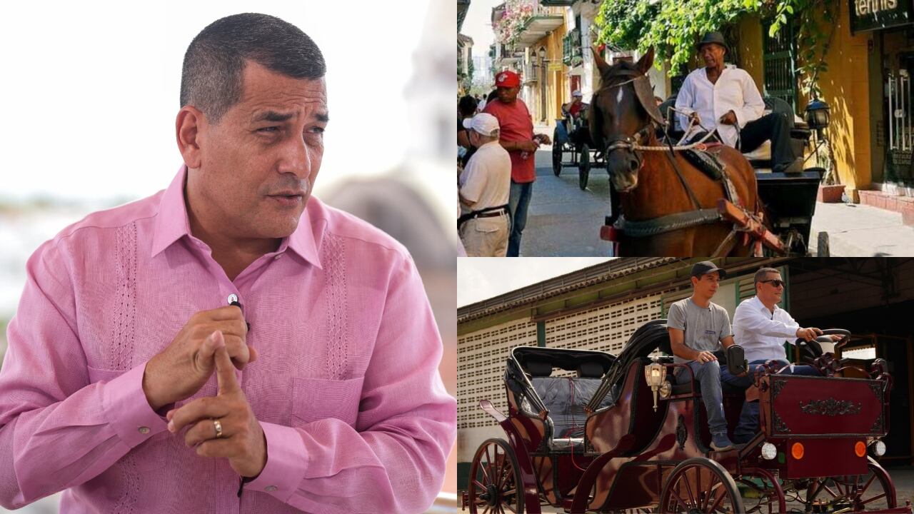 Dumek Turbay, alcalde de Cartagena, vehículo de tracción animal y el coche eléctrico que será su reemplazo.