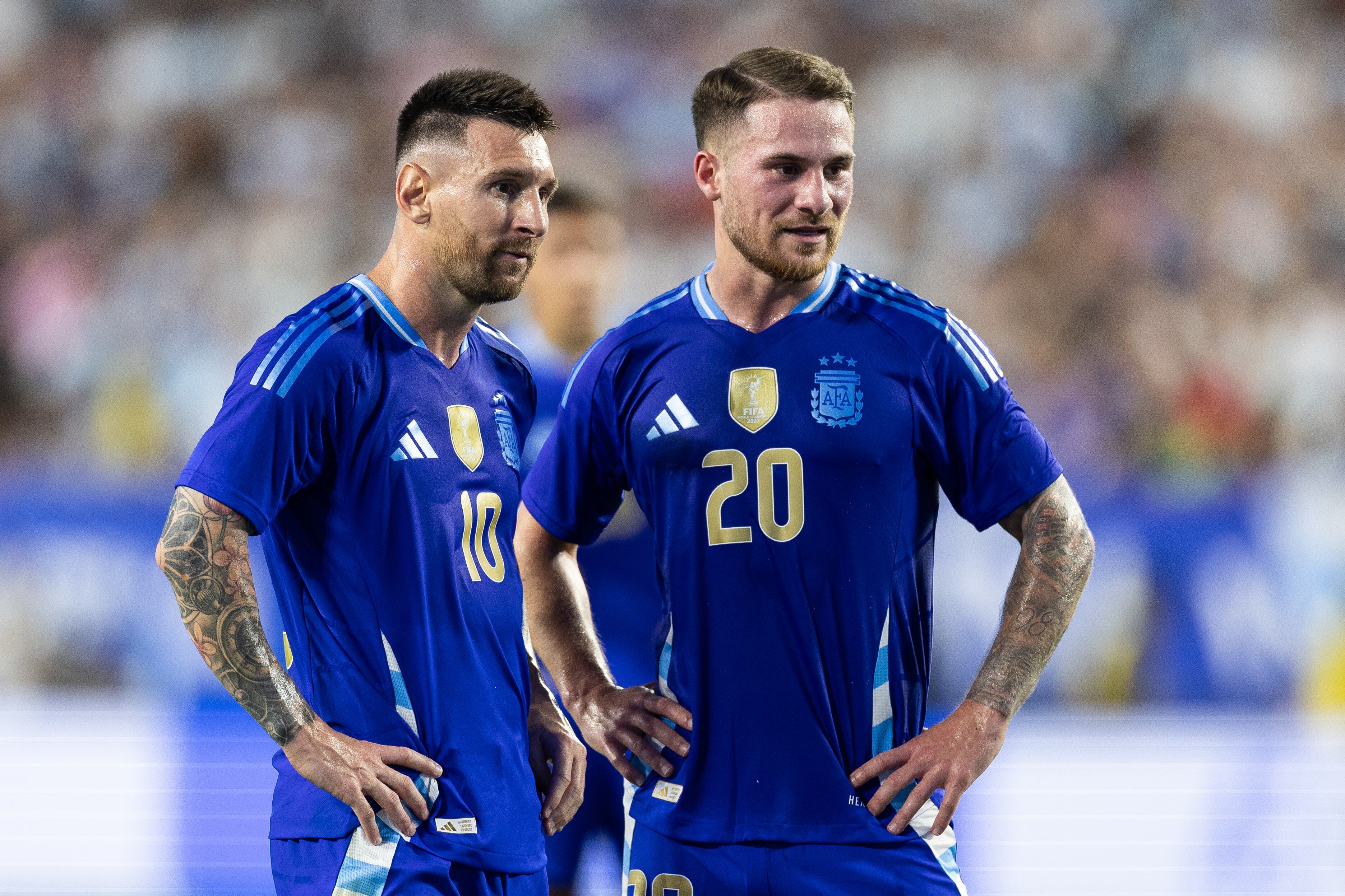 LANDOVER, MD - JUNE 14:  Lionel Messi and Alexis Mac Allister of Argentina in action during the Argentina (4) against Guatemala (1) friendly international At FedEx Field on June 14th, 2024 in Landover, Maryland. (Photo by Simon Bruty/Anychance/Getty Images)