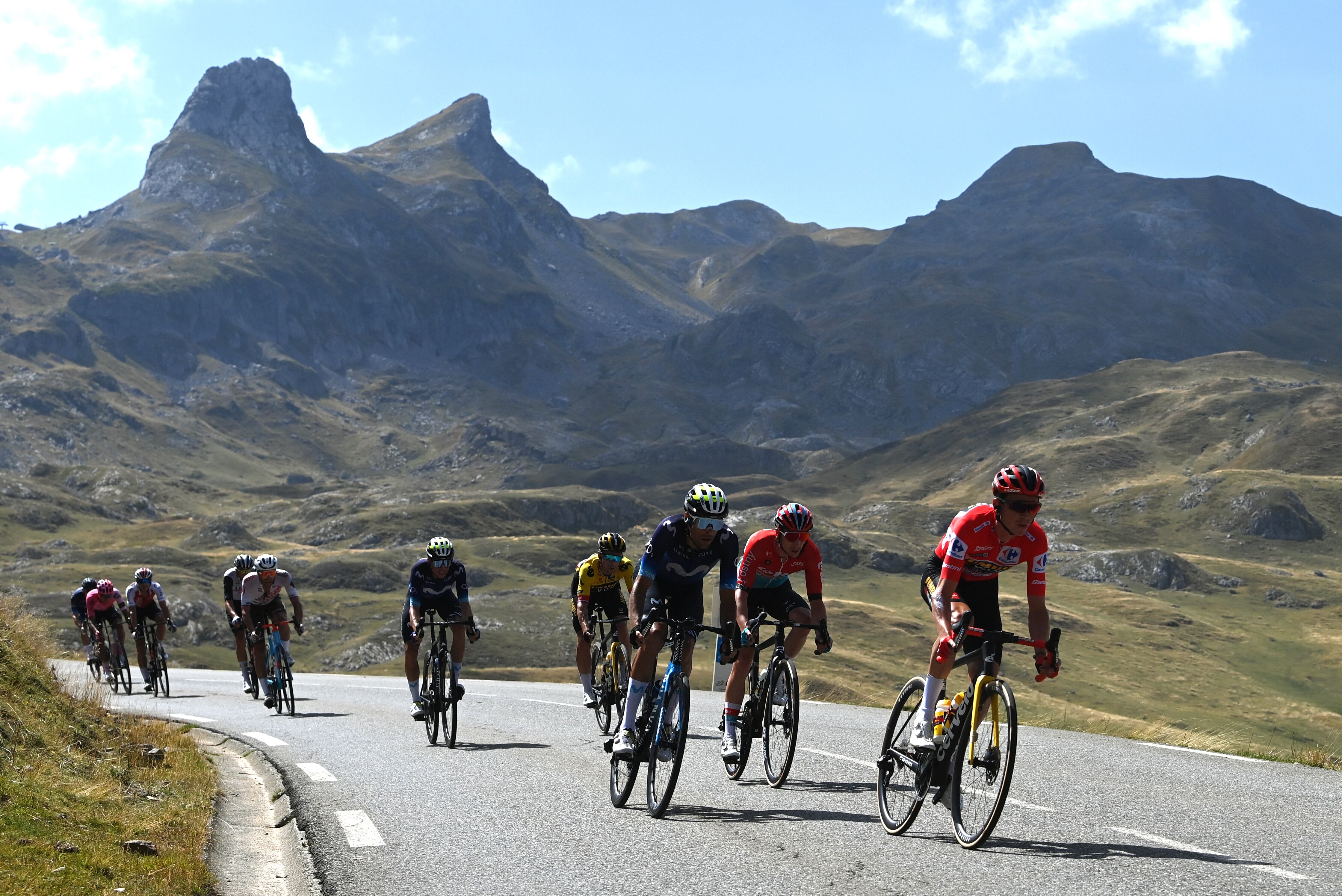 COL DU TOURMALET, FRANCE - SEPTEMBER 08: (L-R) Jorge Arcas of Spain and Movistar Team and Sepp Kuss of The United States and Team Jumbo-Visma - Red Leader Jersey compete during the 78th Tour of Spain 2023 a 134.7km stage from Formigal. Huesca la Magia  to Col du Tourmalet 2115m / #UCIWT / on September 08, 2023 in Col du Tourmalet, France. (Photo by Tim de Waele/Getty Images)