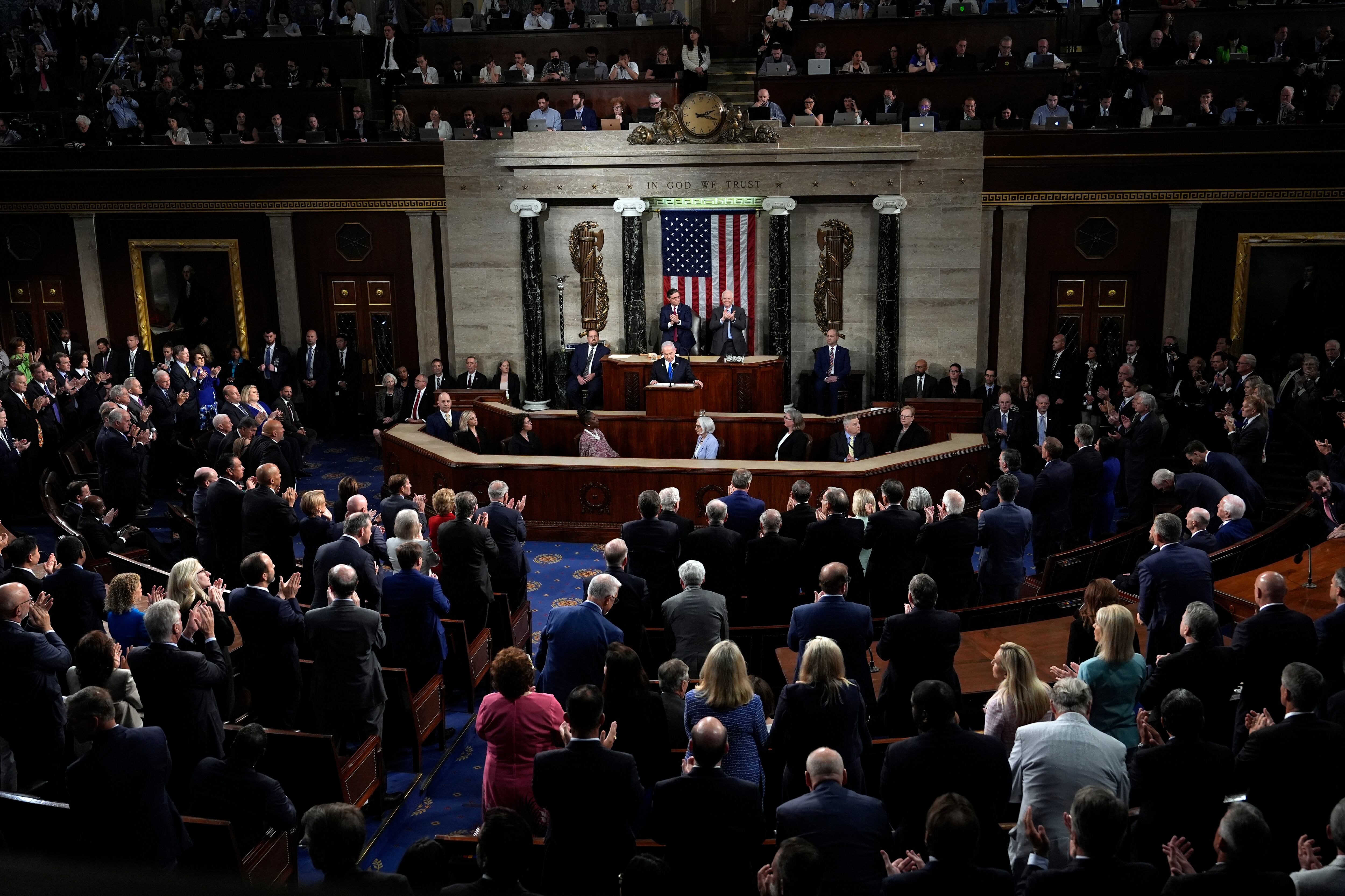 El primer ministro israelí, Benjamin Netanyahu, habla en una reunión conjunta del Congreso en el Capitolio de Washington, el miércoles 24 de julio de 2024. (Foto AP/Julia Nikhinson)