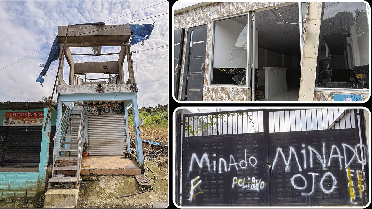 A la izquierda, una de las casas destruidas en Filo Gringo por las Farc porque, según el grupo, era centro de operación de drones. A la derecha, viviendas y negocios de Versalles. 