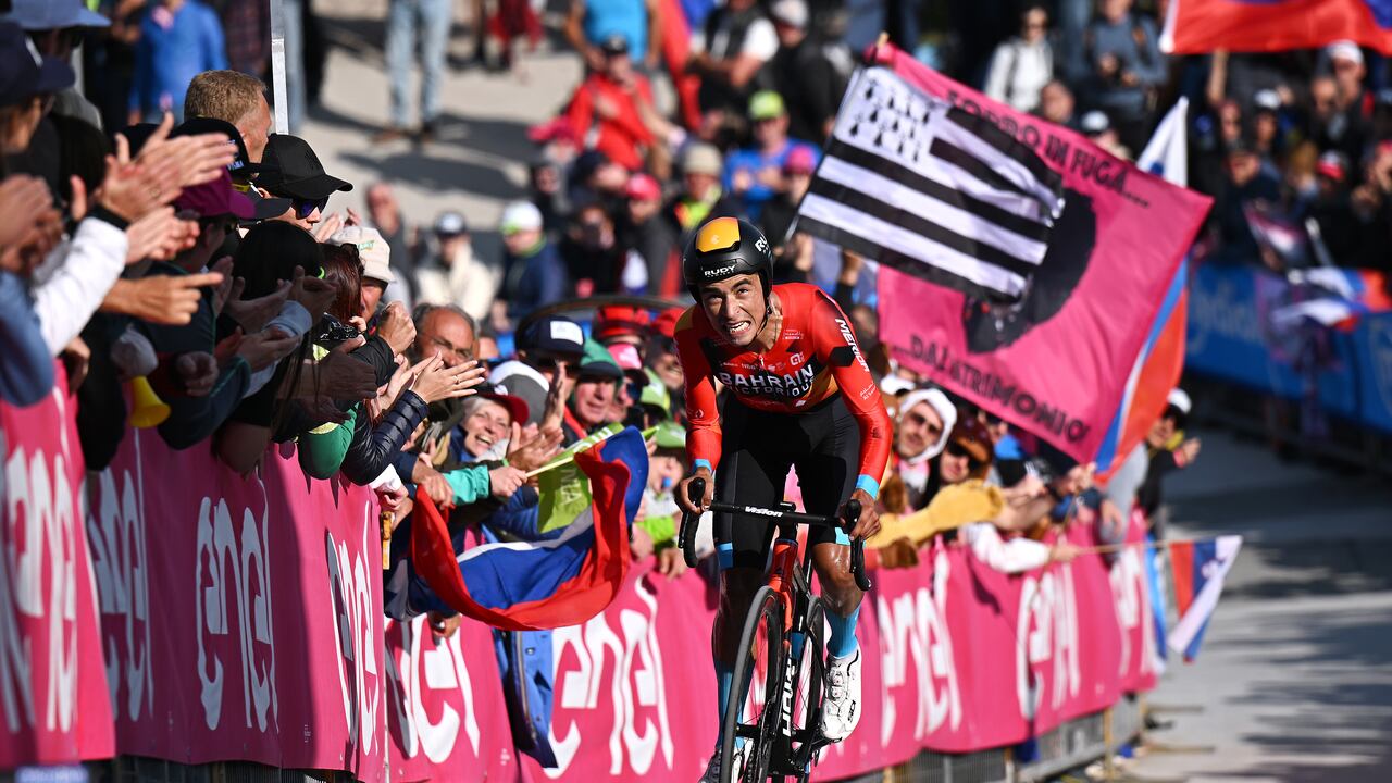 MONTE LUSSARI, ITALY - MAY 27: Santiago Buitrago of Colombia and Team Bahrain - Victorious crosses the finish line during the 106th Giro d'Italia 2023, Stage 20 a 18.6km individual climbing time trial stage from Tarvisio 750m to Monte Lussari 1744m / #UCIWT / on May 27, 2023 in Monte Lussari, Italy. (Photo by Stuart Franklin/Getty Images,)