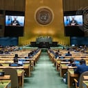 Luca Beccari (on screens), Minister for Foreign Affairs, International Economic Cooperation and Telecommunications of the Republic of San Marino, addresses the general debate of the General Assembly’s seventy-sixth session.