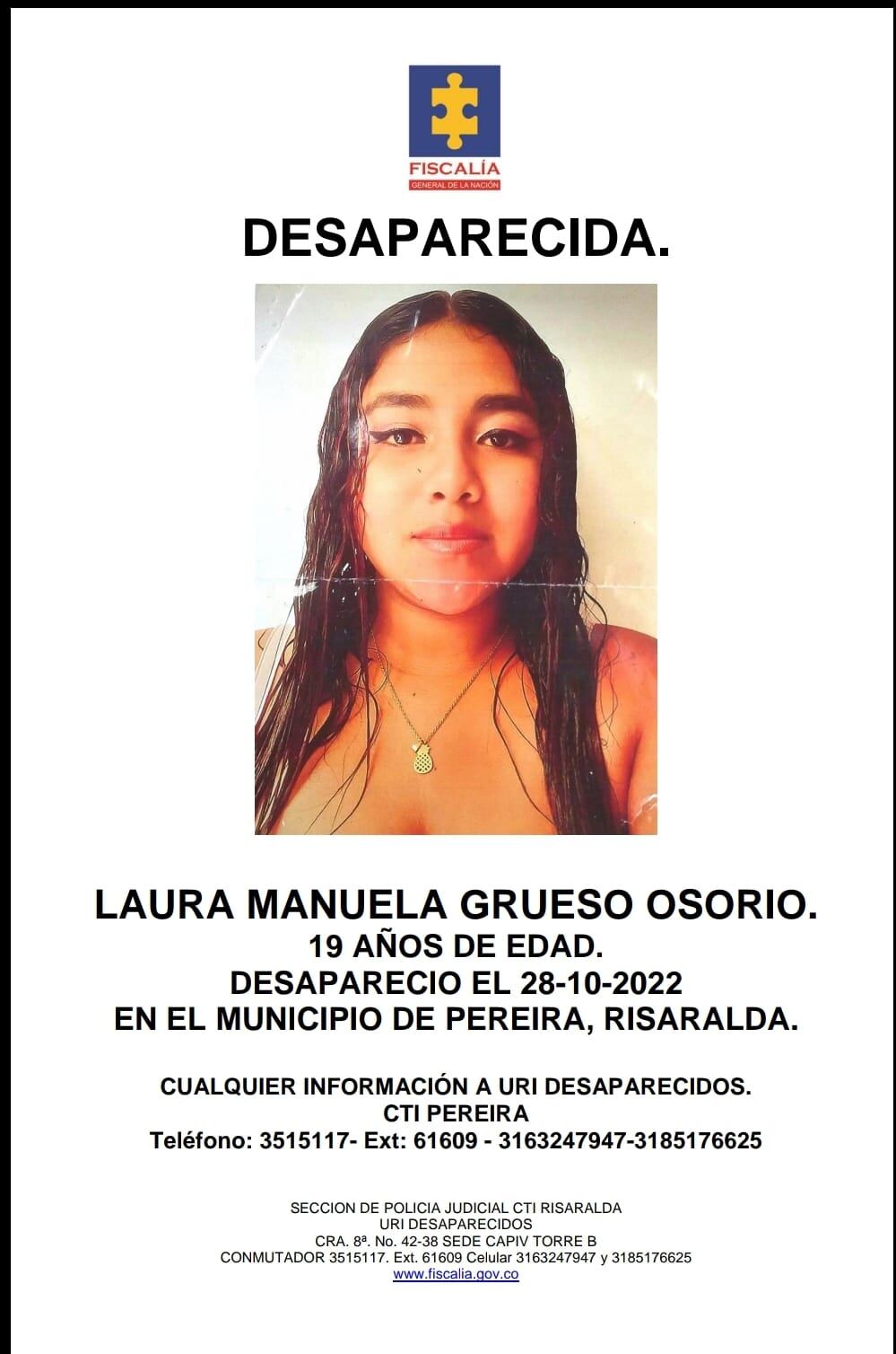 La joven fue vista por última vez el pasado viernes 28 de octubre en el municipio risaraldense.