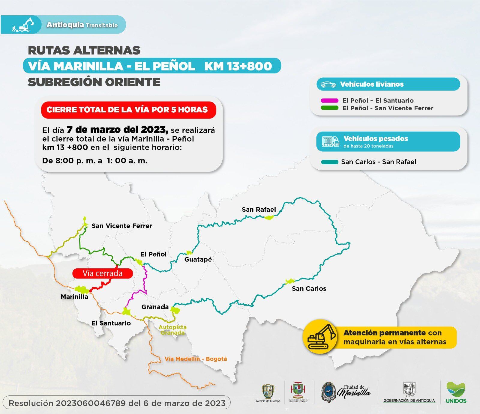 Estás son las vías alternas para vehículos livianos y pesados.