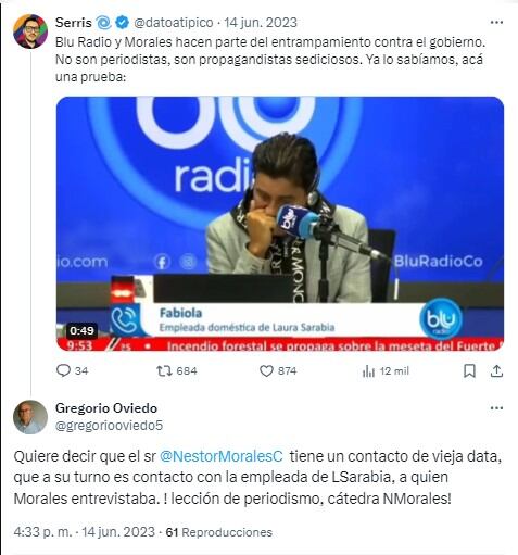 Publicación hecha por Gregorio Oviedo atacando a Néstor Morales.