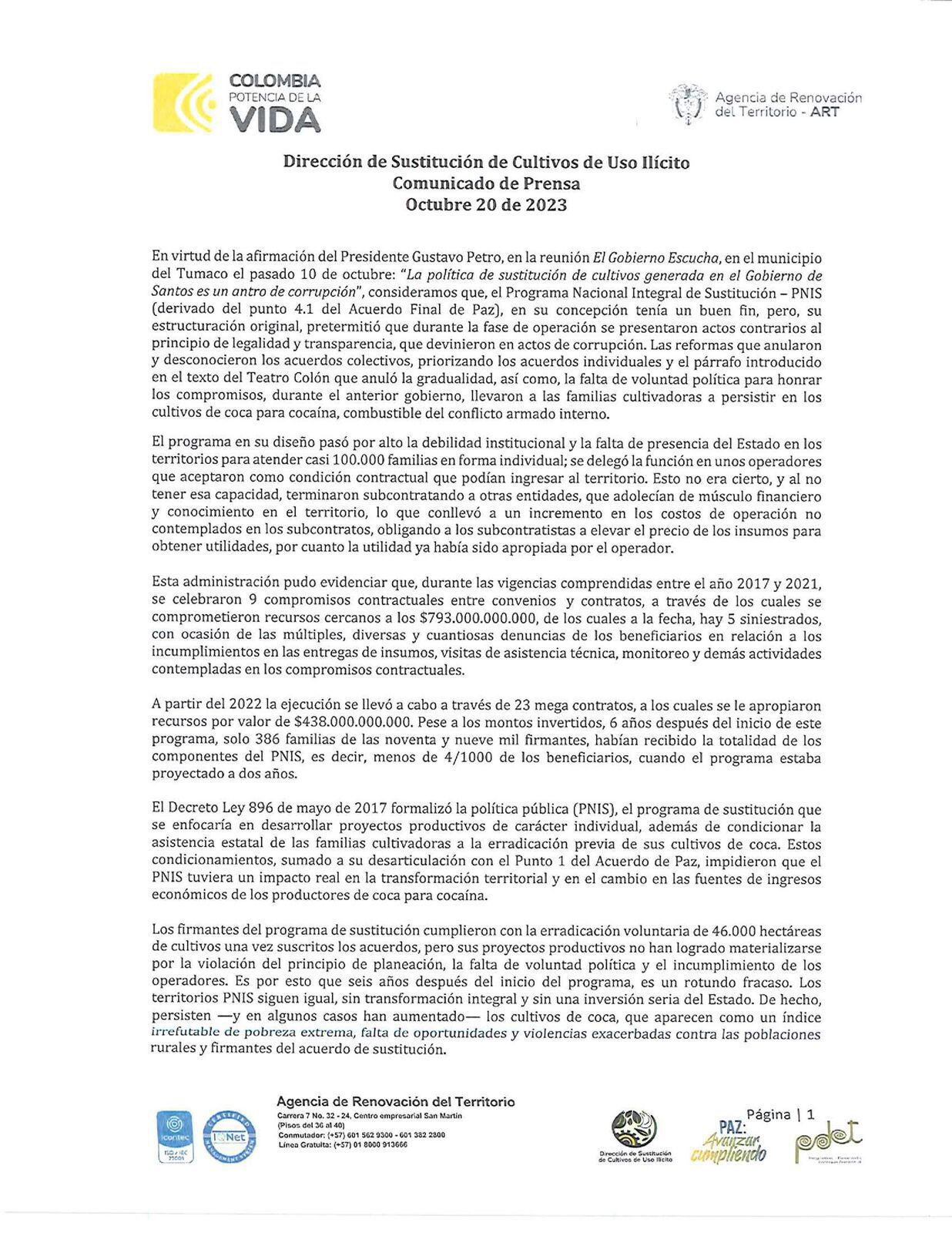 Documento Gobierno programa sustitución de cultivos ilícitos