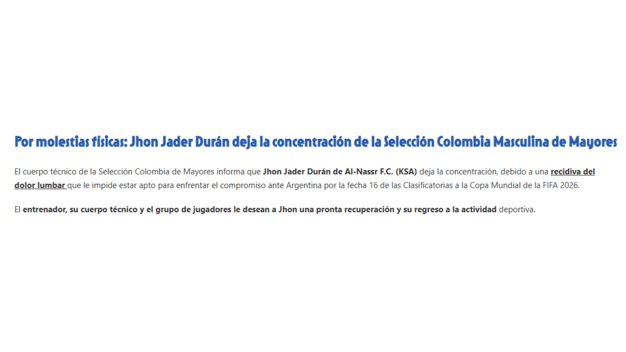 Comunicado de la Federación Colombiana de Fútbol sobre Jhon Durán.