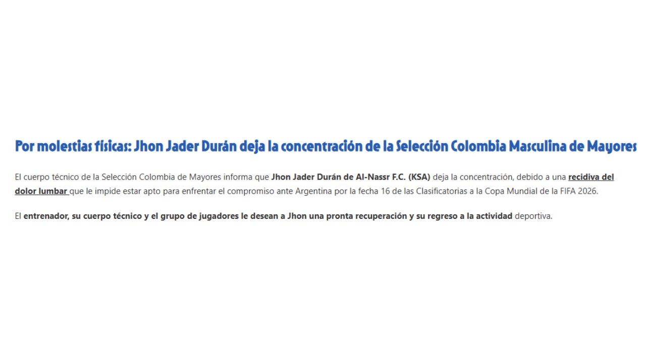 Comunicado de la Federación Colombiana de Fútbol sobre Jhon Durán.
