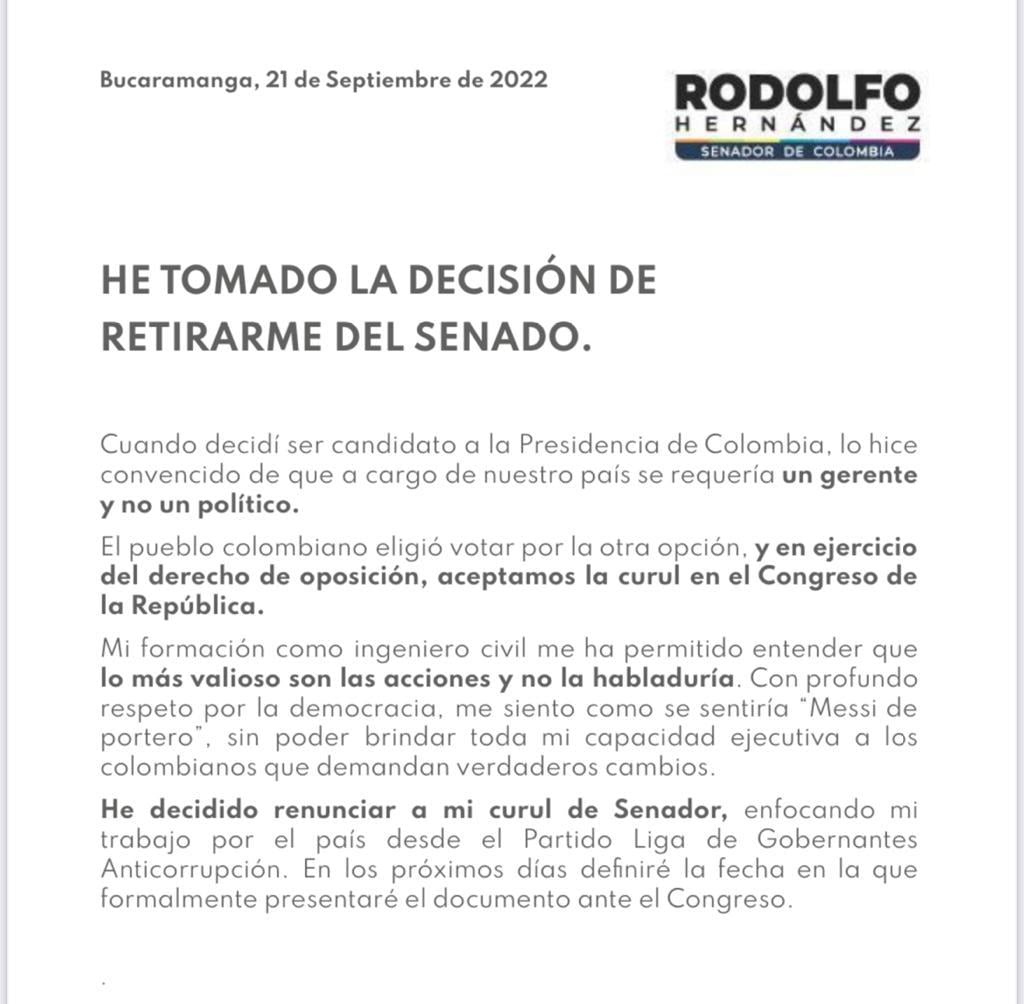 Comunicado de Rodolfo Hernández.