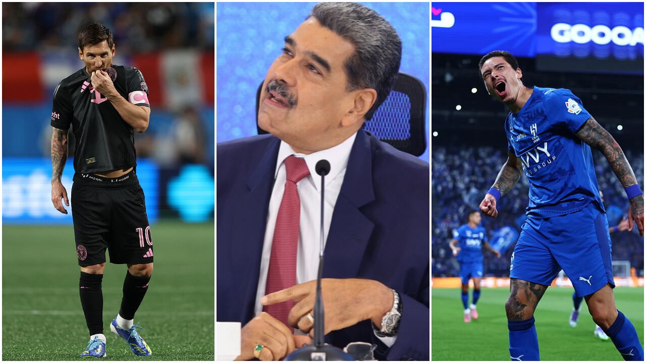 De izquierda a derecha:
1. Lionel Messi, del Inter Miami CF, reacciona durante el partido de la MLS entre Charlotte FC e Inter Miami CF en el estadio Bank of America el 13 de septiembre de 2025 en Charlotte, Carolina del Norte.
2. Nicolás Maduro, líder del régimen venezolano, en Caracas el 15 de septiembre de 2025.
3. Darwin Núñez, del equipo Al-Hilal FC, celebra tras marcar su primer gol durante el partido Saudi Pro League entre Al Hilal y Al Riyadh en Kingdom Arena, el 29 de agosto de 2025 en Riyadh, Arabia Saudita