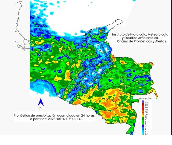 Clima para el domingo 17 de mayo: la escala de colores indica la cantidad  
de precipitación acumulada (en milímetros).