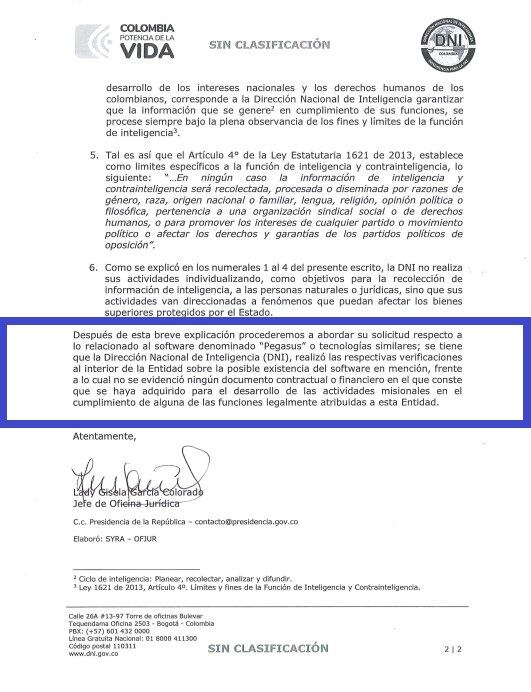 Respuesta de la Dirección Nacional de Inteligencia (DNI) sobre la compra de Pegasus.