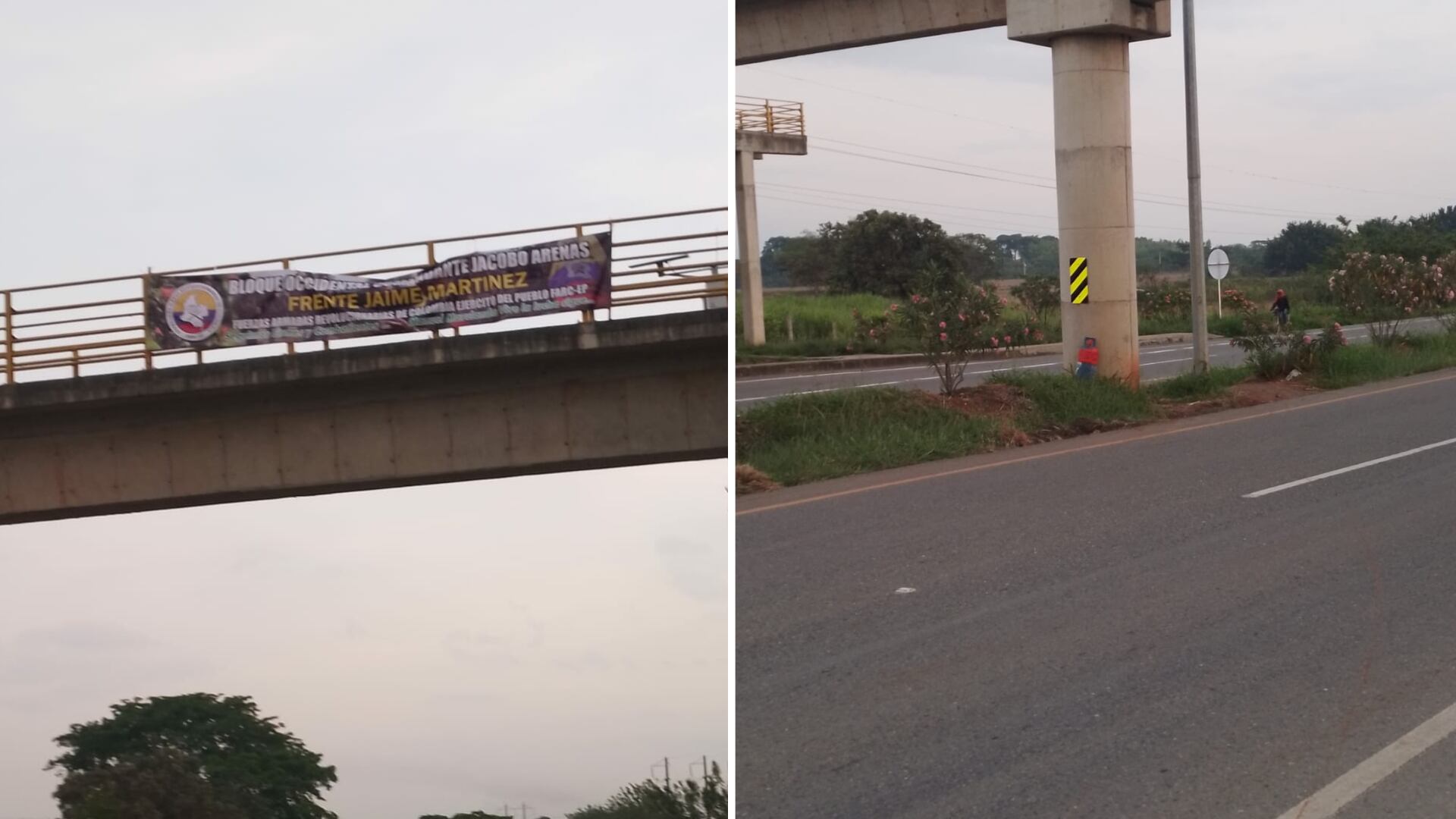 en la vía Panamericana, cerca de Santander de Quilichao, Cauca – entre Cali y Popayán - apareció una pancarta de las disidencias de las Farc y un cilindro