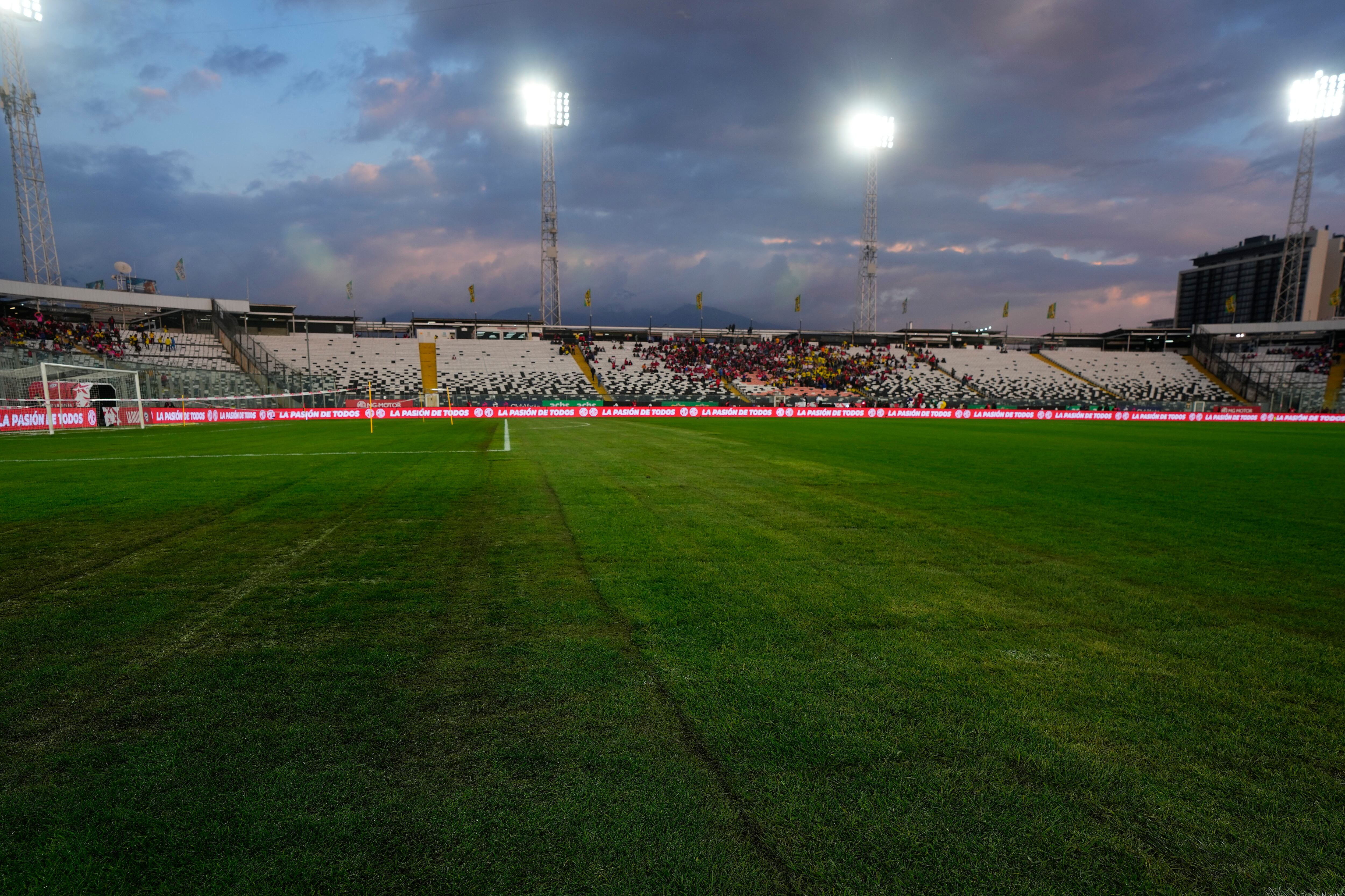 Lights illuminate the soccer field prior to a qualifying soccer match between Chile and Colombia for the FIFA World Cup 2026 in Santiago, Chile, Wednesday, Sept. 13, 2023. (AP Photo/Esteban Felix)