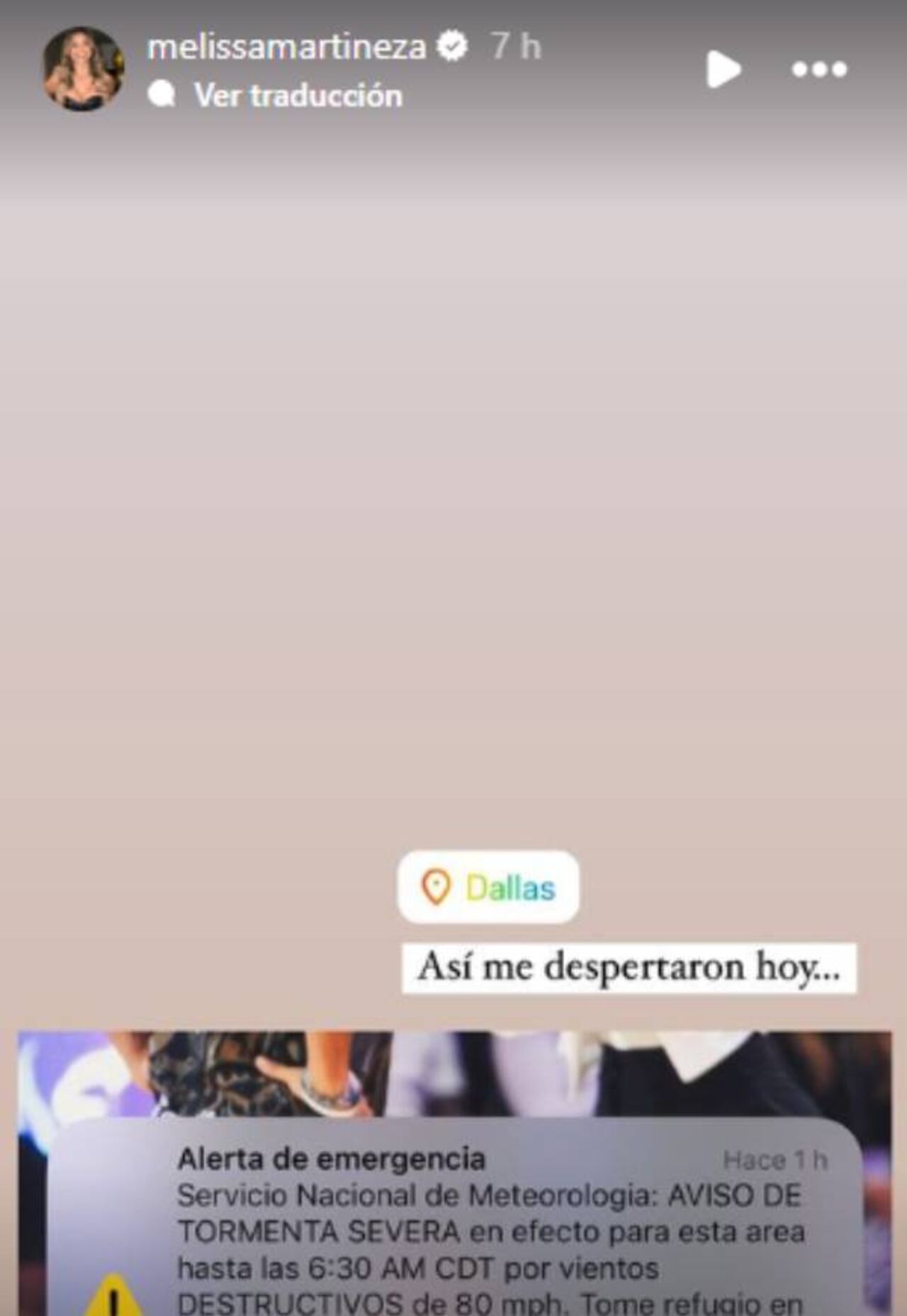 Notificación que recibió Melissa Martínez por tormenta que se avecinaba.