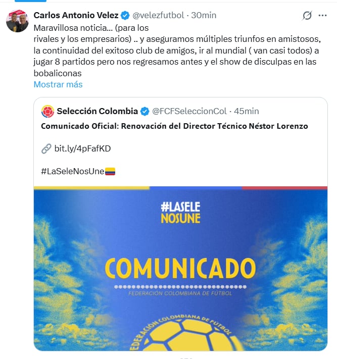 Reacción de Carlos Antonio Vélez al anuncio de la renovación de Néstor Lorenzo en Selección Colombia