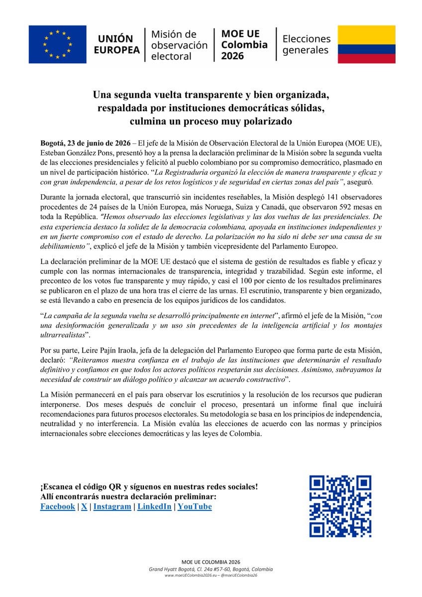 La misión hizo un pronunciamiento tras el escrutinio en Colombia