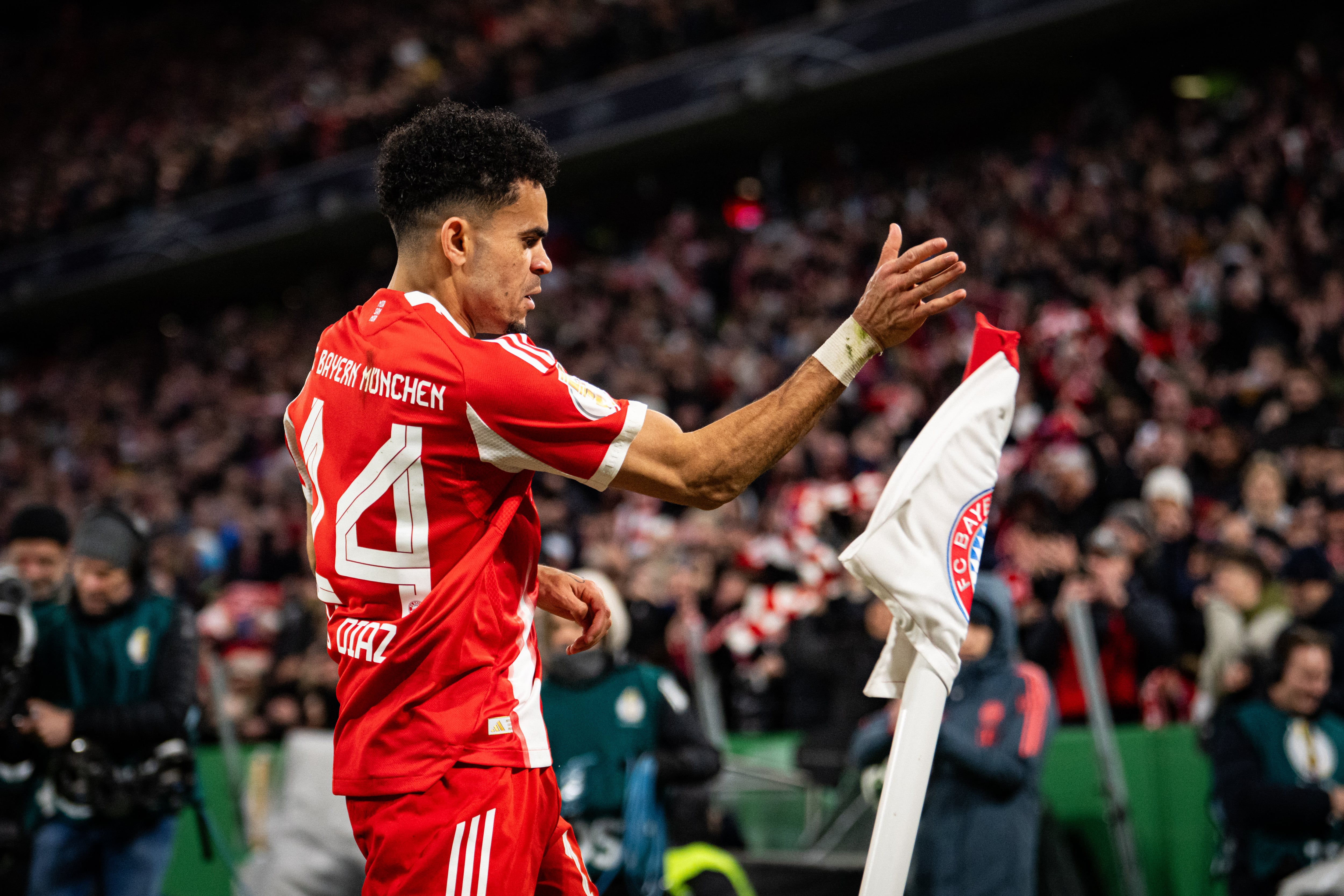 MUNICH, GERMANY - FEBRUARY 11: Luis Diaz of FC Bayern Muenchen celebrates scoring the second goal during the DFB Cup Quarter Final match between FC Bayern München and RB Leipzig at Allianz Arena on February 11, 2026 in Munich, Germany. (Photo by S. Mellar/FC Bayern via Getty Images)