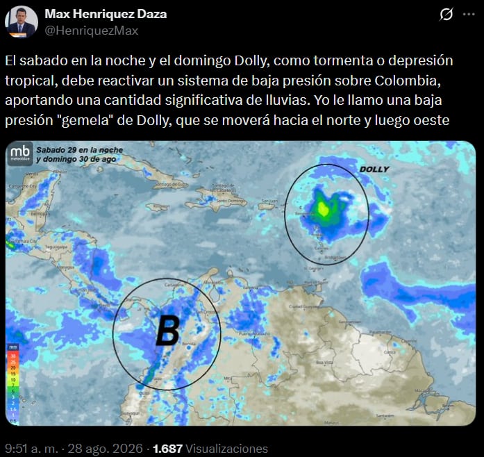 Dolly podría reactivar un sistema de baja presión y aumentar las lluvias en Colombia