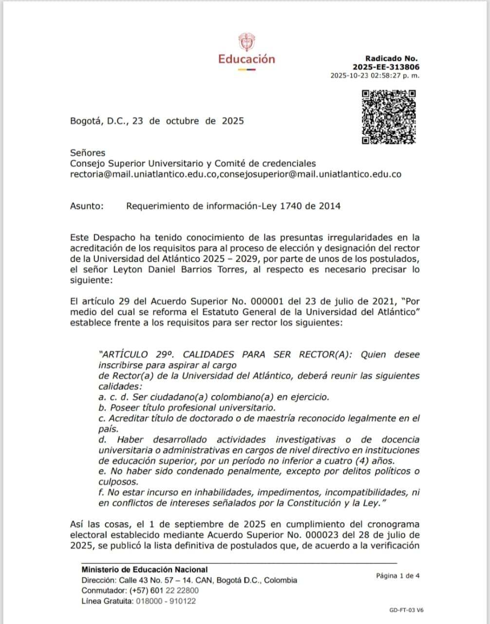Documento enviado al Consejo Superior de la Universidad del Atlántico.