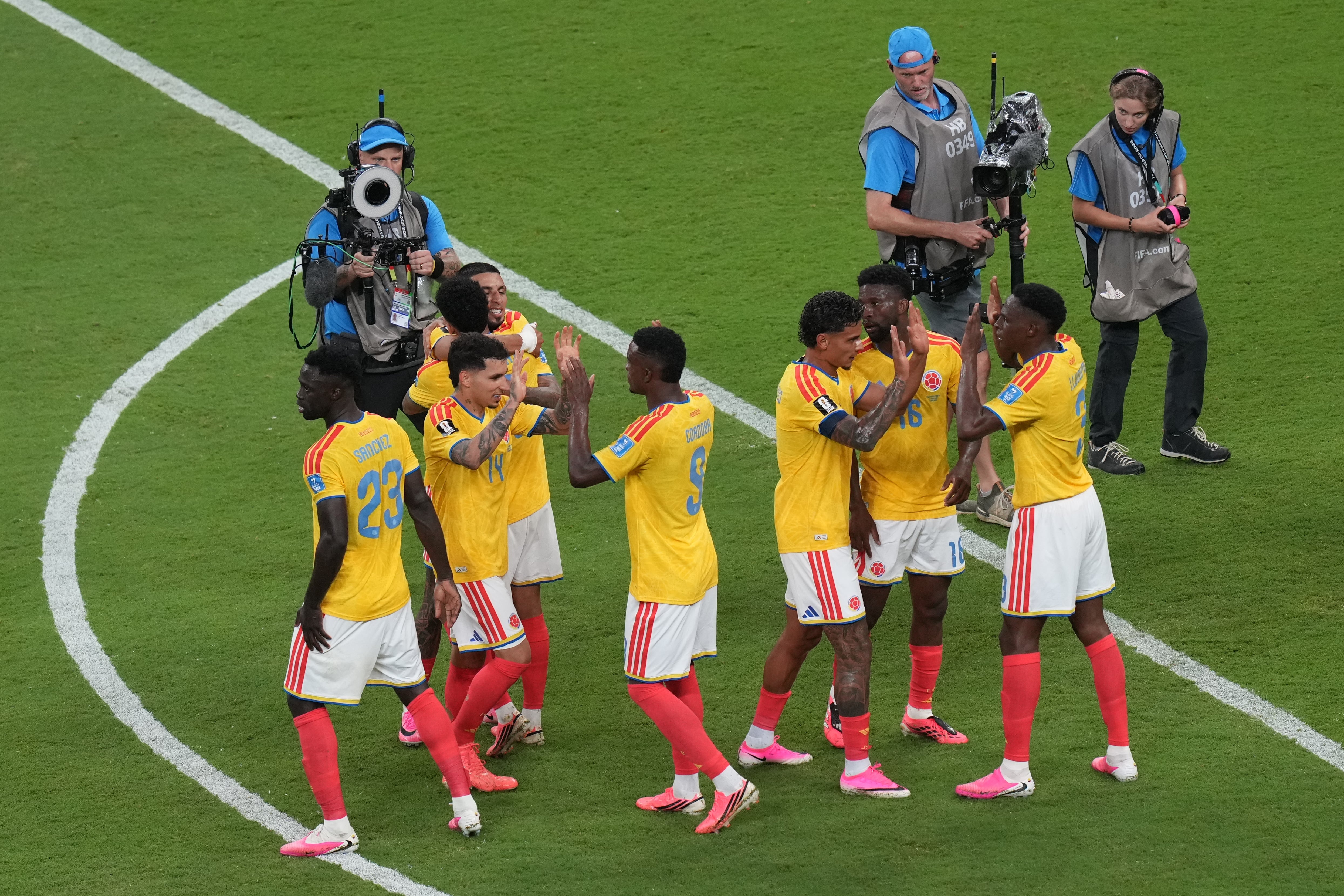 Colombia players celebrate after the World Cup Group K soccer match between Colombia and Congo in Zapopan, near Guadalajara, Mexico, Tuesday, June 23, 2026. (AP Photo/Silvia Izquierdo)