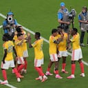 Colombia players celebrate after the World Cup Group K soccer match between Colombia and Congo in Zapopan, near Guadalajara, Mexico, Tuesday, June 23, 2026. (AP Photo/Silvia Izquierdo)