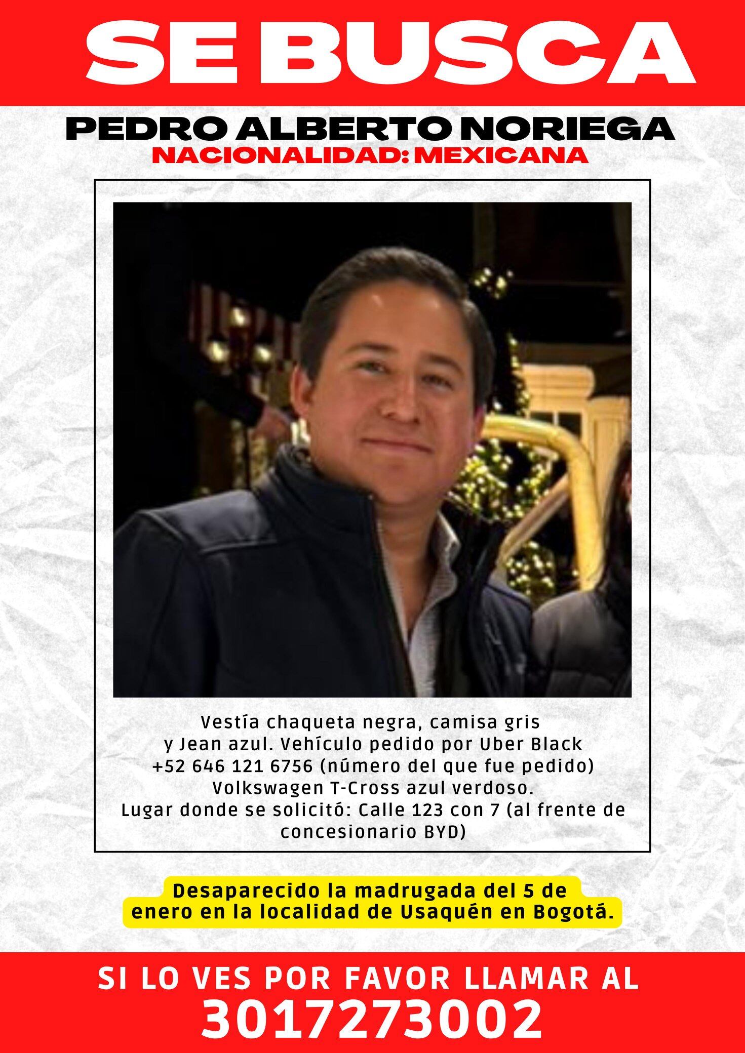 La desaparición de Pedro Alberto Noriega en Bogotá se produjo después de un encuentro con su primo en Usaquén.