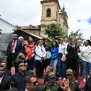 Colombian President Gustavo Petro (C) speaks next to Colombian Vice President Francia Marquez during a rally in support of his social reforms in Bogota on June 7, 2023. (Photo by Juan BARRETO / AFP)