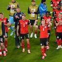 Austria players celebrate after the World Cup Group J soccer match against Jordan in Santa Clara, Calif., near San Francisco, Tuesday, June 16, 2026. (AP Photo/Jeff Chiu)