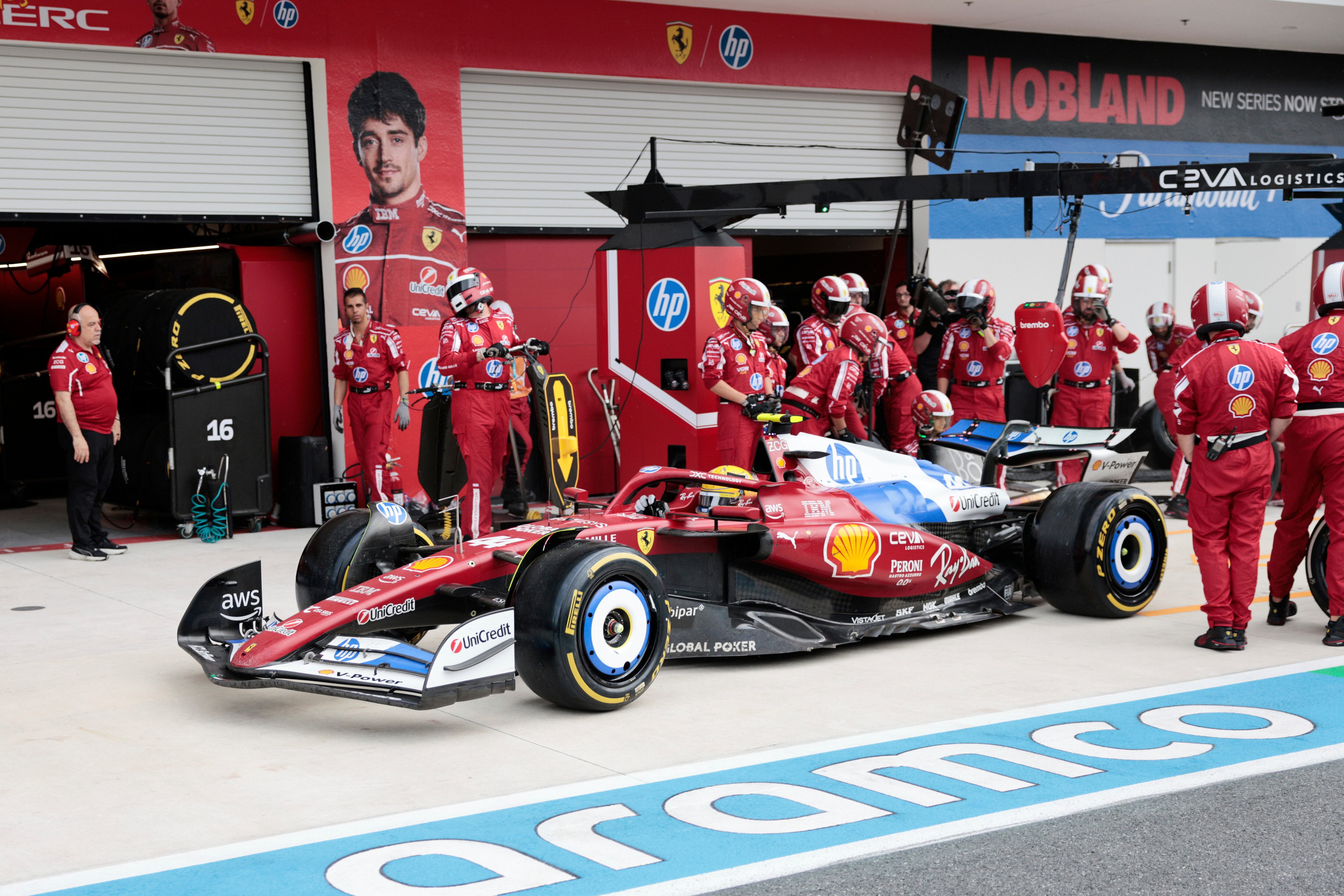 Ferrari driver Lewis Hamilton of Britain makes a pit stop during the Formula One Miami Grand Prix auto race Sunday, May 4, 2025, in Miami Gardens. Fla. (Shawn Thew/Pool Photo via AP)