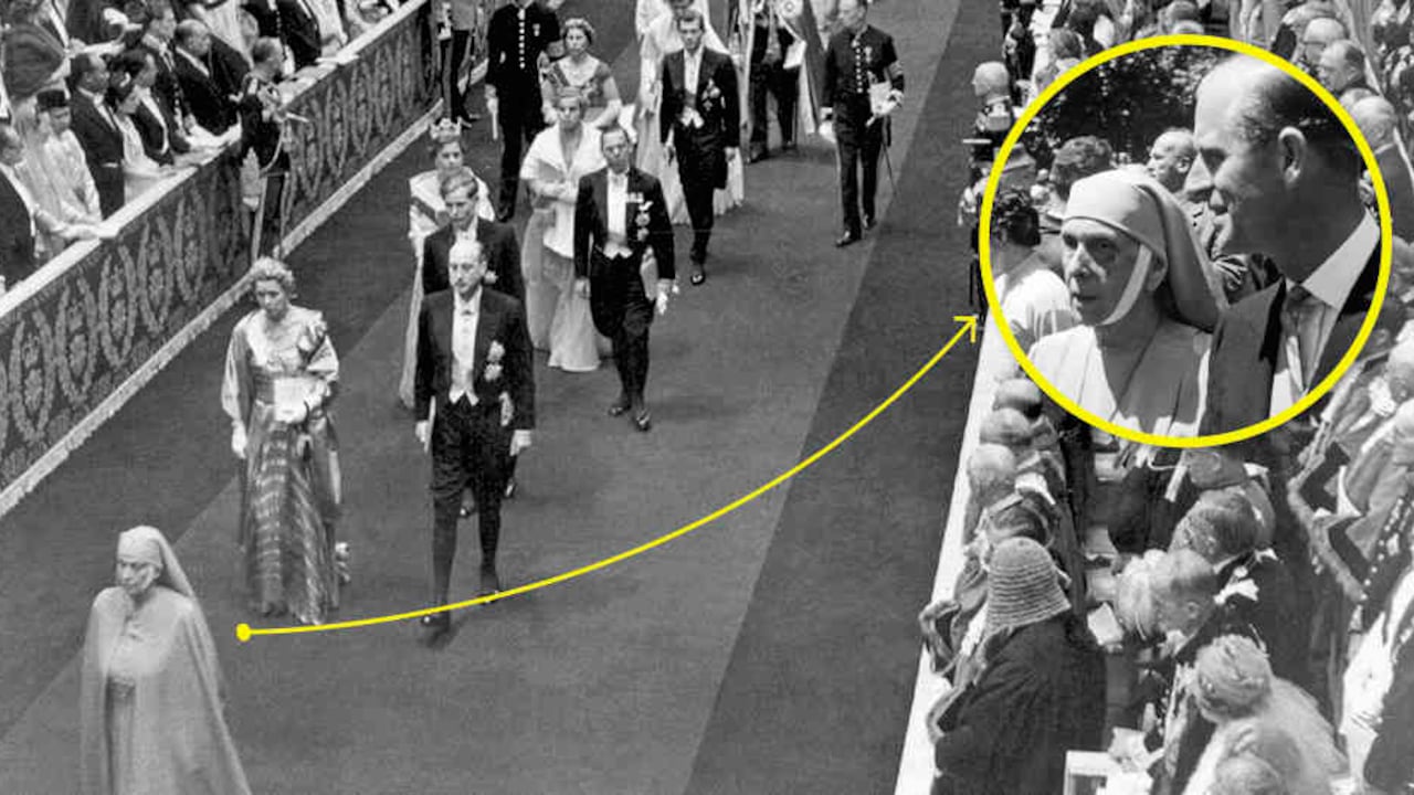 Alicia, vestida de monja, participó en la coronación de su nuera, en 1953. En la esquina derecha con su hijo Felipe de Edimburgo, cuando vivía en Londres.