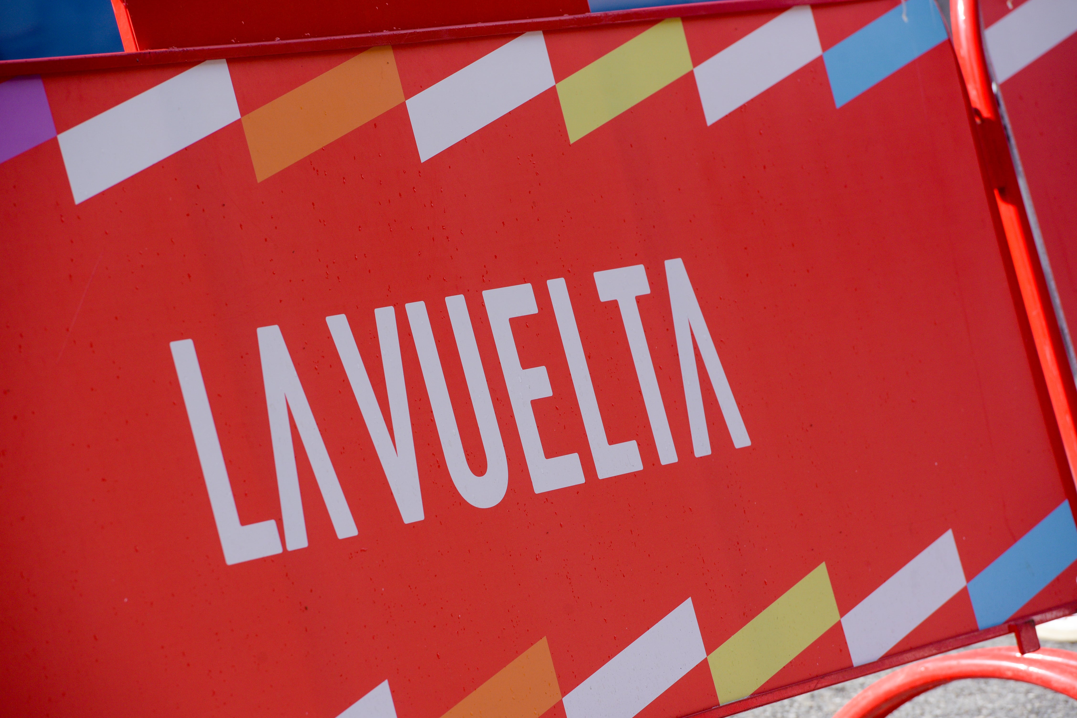The logo of La Vuelta appears in stage 6 of La Vuelta 2025, which connects Olot in Girona and Pal in Andorra, in Pal, Andorra, on August 28, 2025. (Photo by Martin Silva Cosentino/NurPhoto via Getty Images)