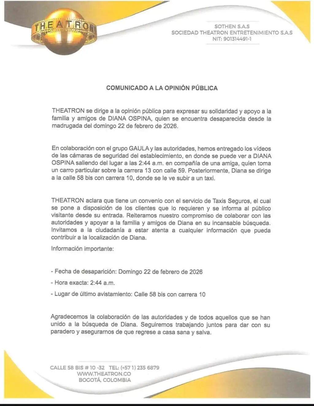 Este es el comunicado de Theatron en el caso de Diana Ospina.