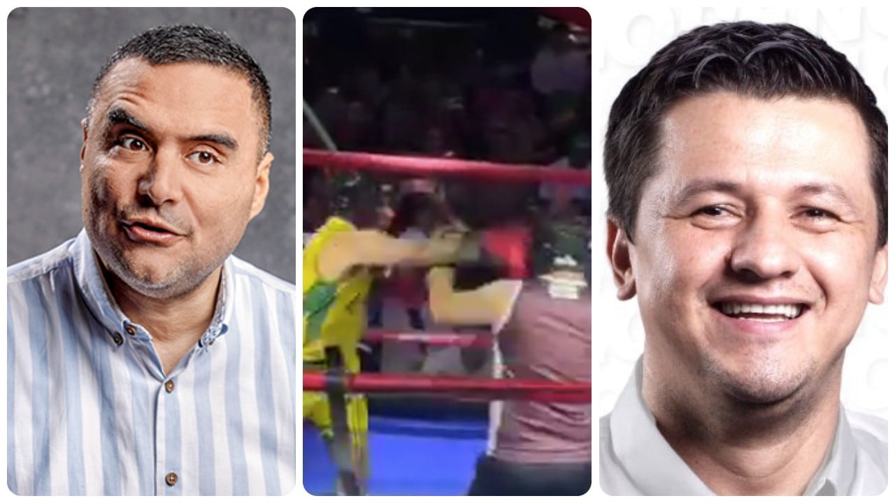 El gobernador Luis Francisco Ruiz, el ring de boxeo y el alcalde Marlon Monsalve.