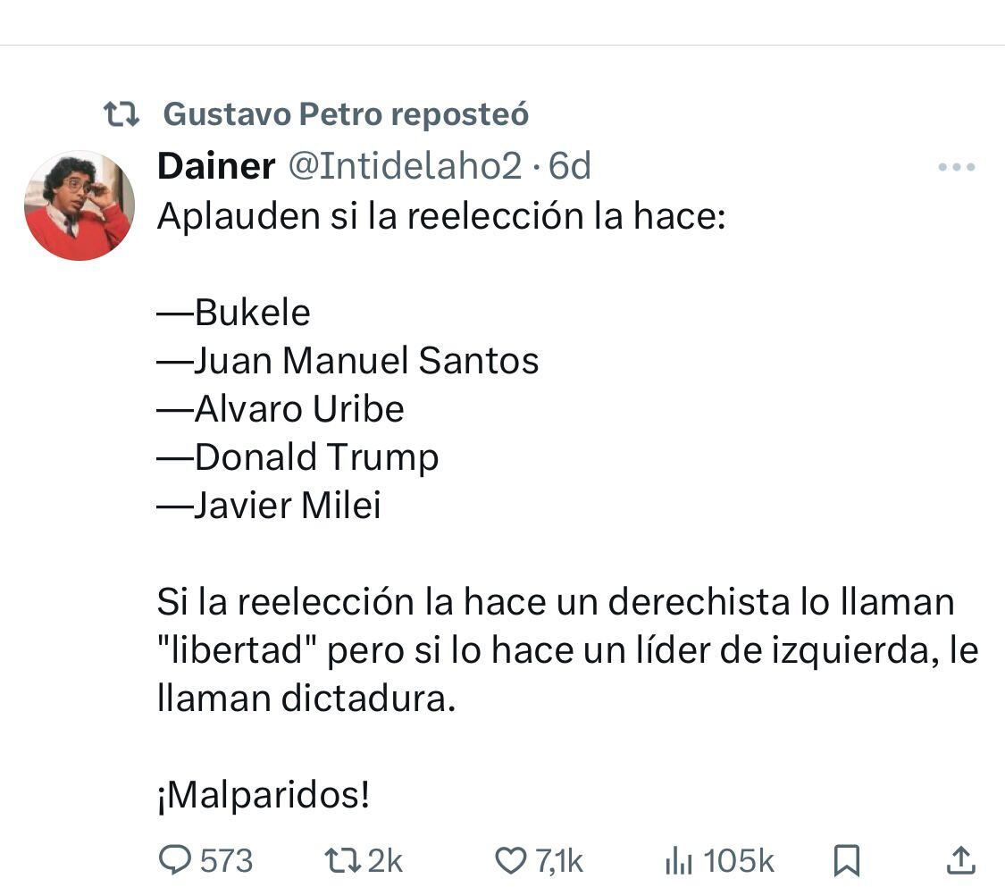 El presidente Gustavo Petro reposteó un mensaje de la red social X sobre la reelección.