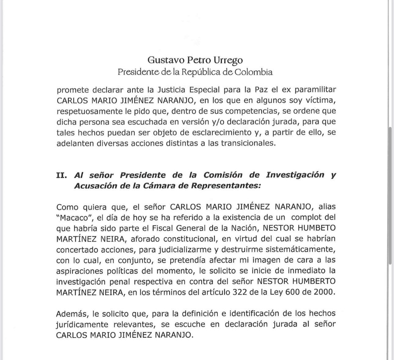 Carta presidente Petro