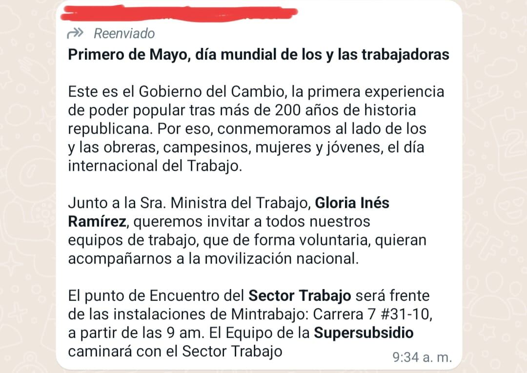 Funcionarios del Gobierno recibieron mensajes de texto invitándolos a marchar en las movilizaciones de este primero de mayo.