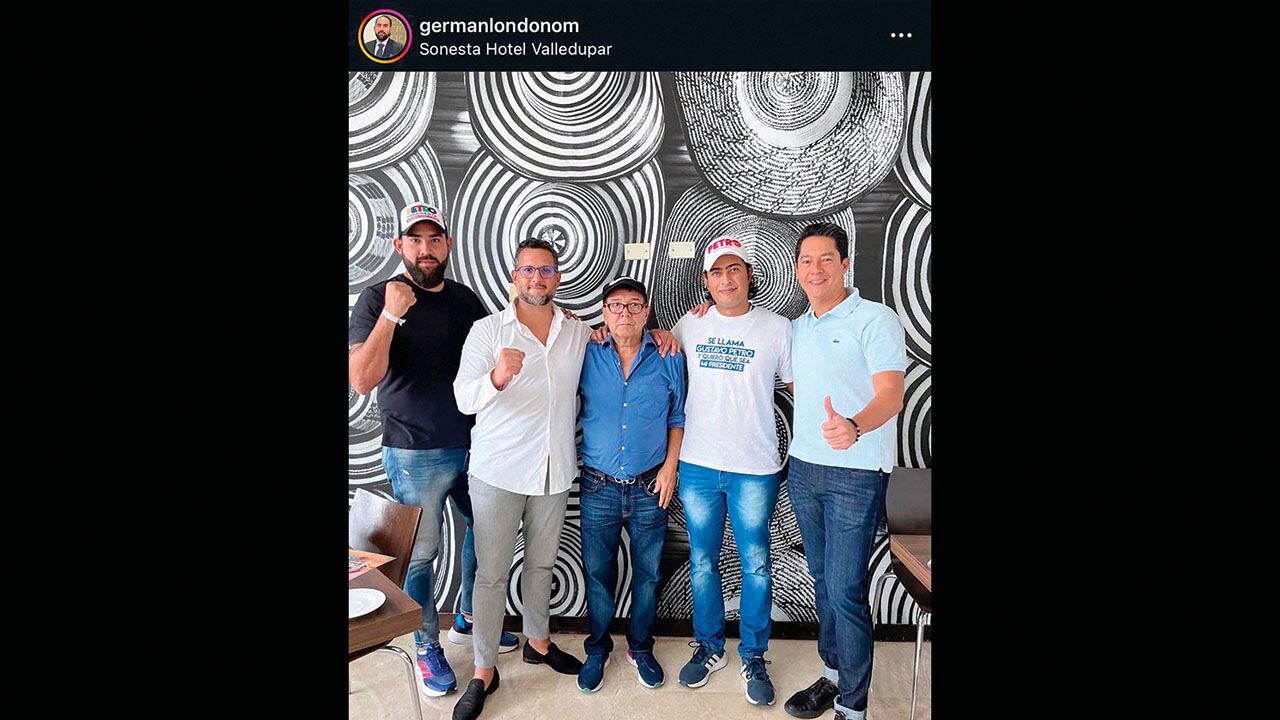 Germán Londoño (izq.), amigo y sombra de Nicolás Petro; el abogado Miguel Ángel del Río, Nicolás Petro y el congresista Pedro Flórez, ficha del empresario Euclides Torres. 