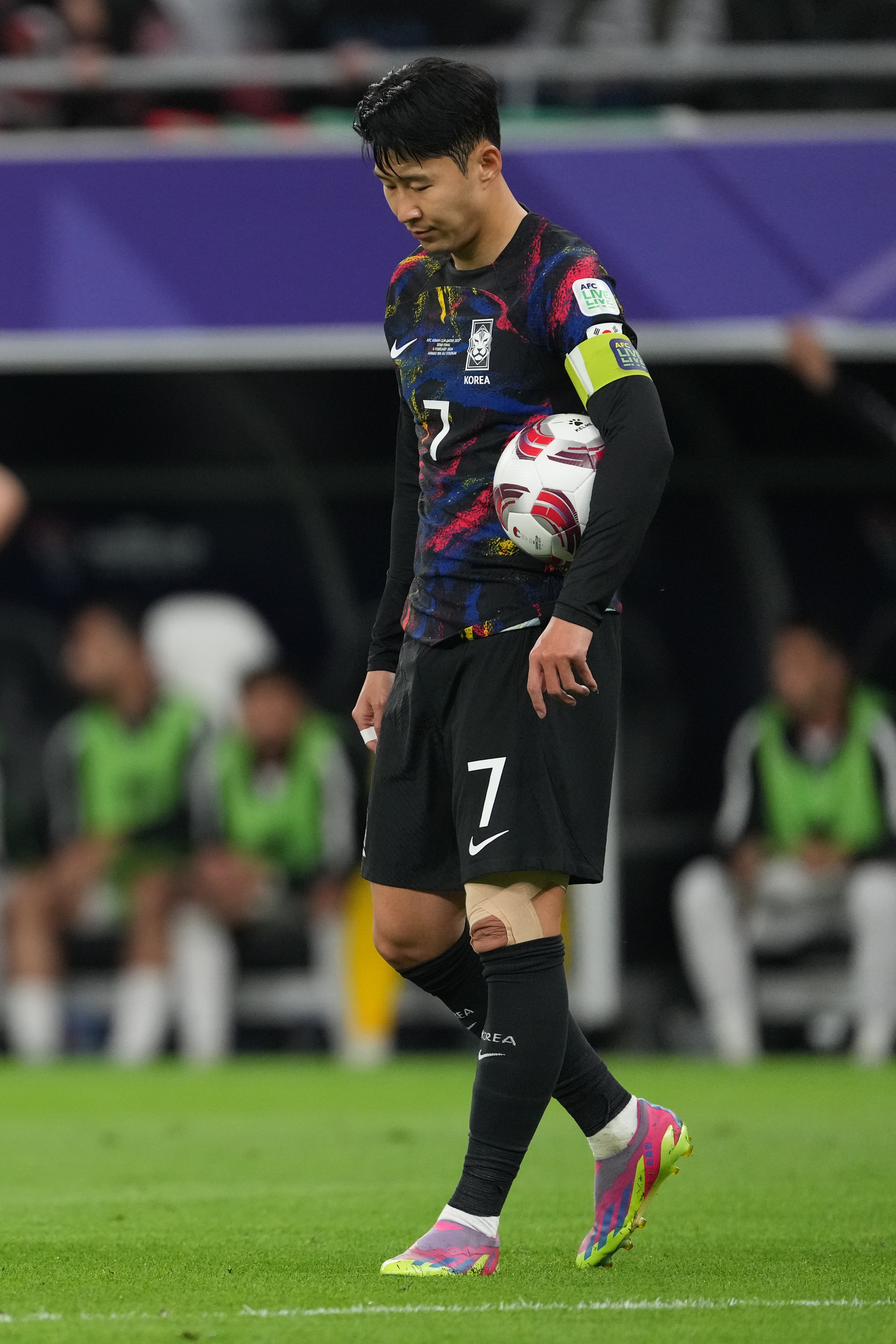 DOHA, QATAR - FEBRUARY 06: Son Heung-Min of South Korea looks on during the AFC Asian Cup semi final match between Jordan and South Korea at Ahmad Bin Ali Stadium on February 06, 2024 in Doha, Qatar. (Photo by Masashi Hara/Getty Images)
