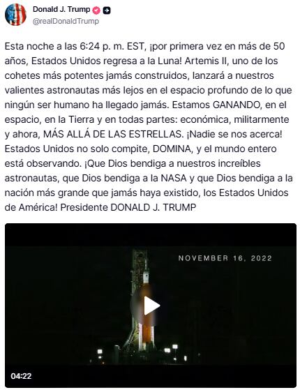 En la antesala de Artemis II, Trump afirmó que el país lidera y “el mundo entero está observando”.