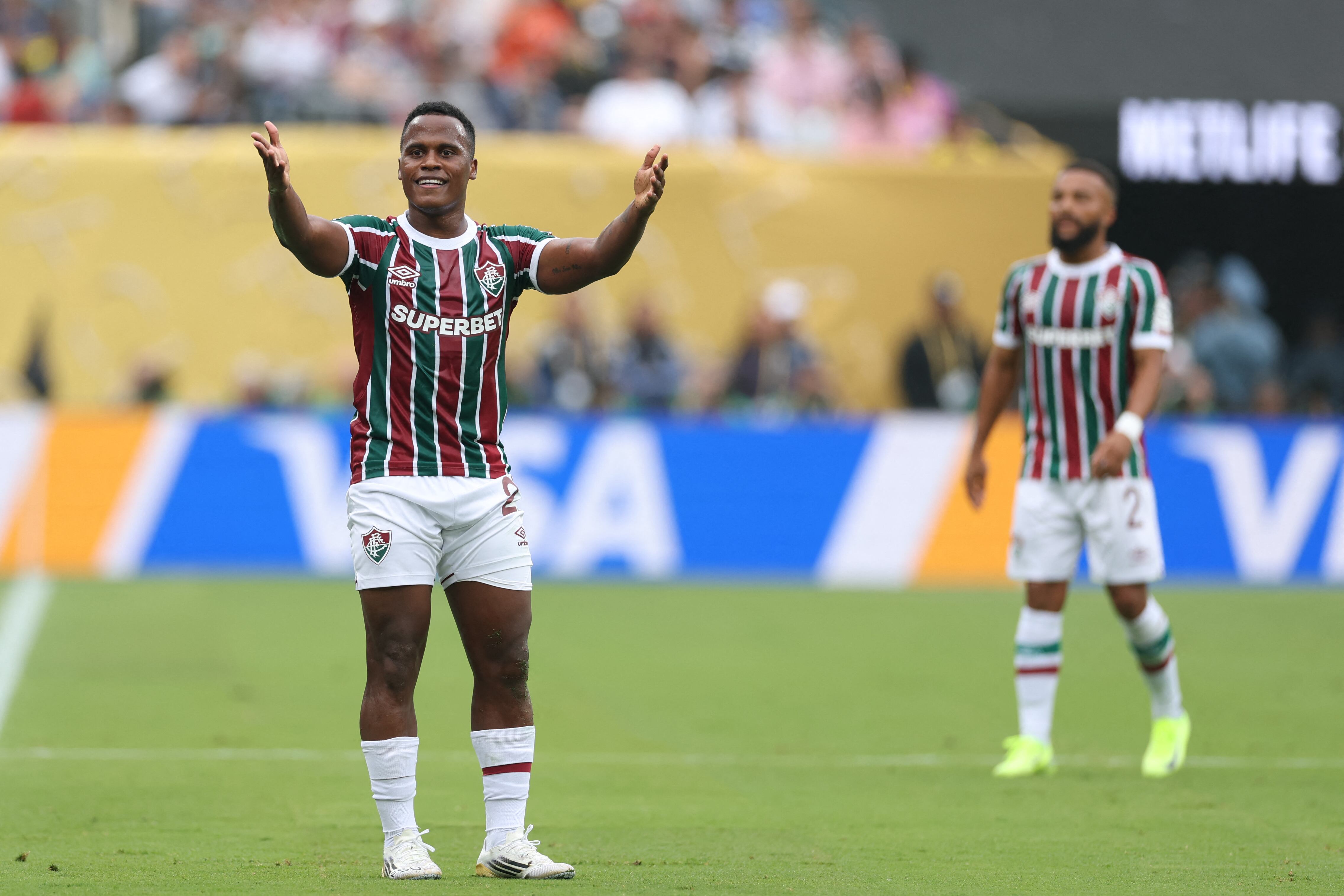 Fluminense's Colombian midfielder #21 Jhon Arias reacts during the FIFA Club World Cup 2025 Group F football match between Brazil's Fluminense and Germany's Borussia Dortmund at the MetLife stadium in East Rutherford, New Jersey on June 17, 2025. (Photo by CHARLY TRIBALLEAU / AFP)