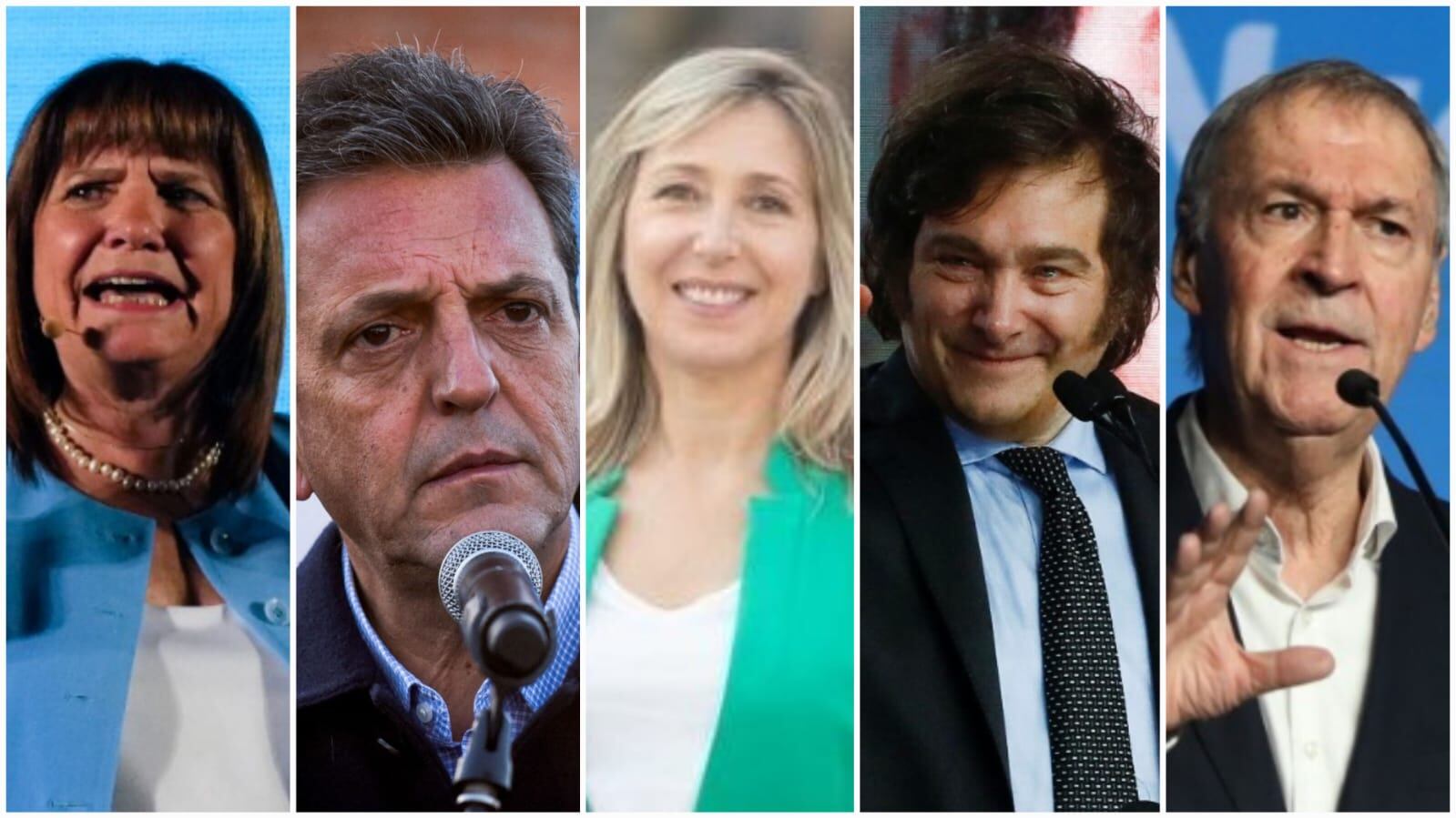 De izquierda a derecha los candidatos Patricia Bullrich, Sergio Massa, Myriam Bregman, Javier Milei y Juan Schiaretti.