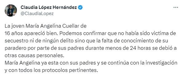 No había sido victima de secuestro ni de ningún delito sino que la falta de conocimiento de su paradero por parte de sus padres durante menos de 24 horas se debió a otras causas personales.
